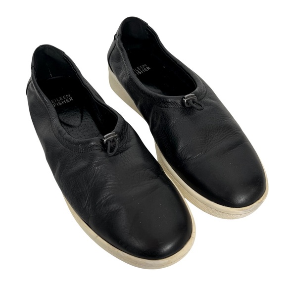 Eileen Fisher Sydney Sneaker Black Leather Athleisure Adjustable Sneaker Loafer - Picture 2 of 8